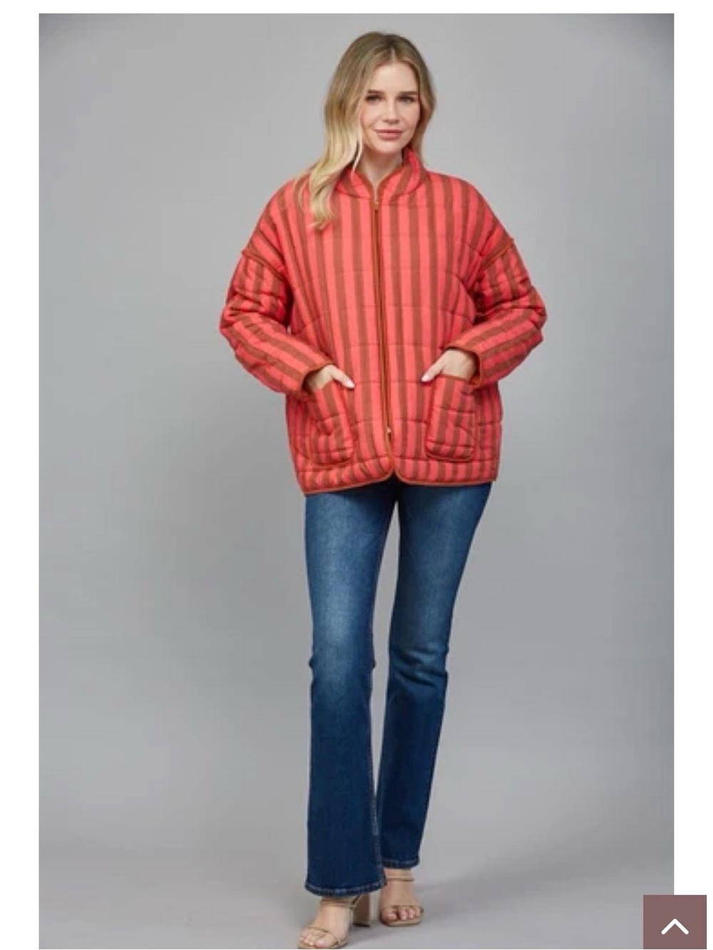 Fate Coral and Rust Striped Quilted Puffer Jacket